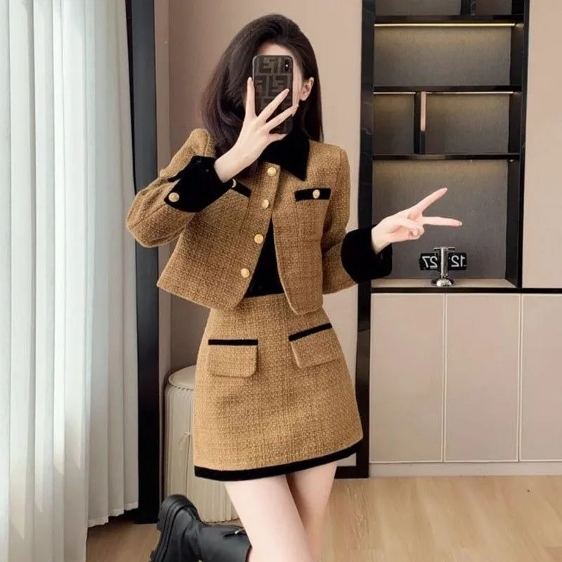 Winter French Elegant Vintage Two Piece Set Patchwork Red Blazer and Skirt Set Tweed Suit Korean Fashion Design Casual Outfits