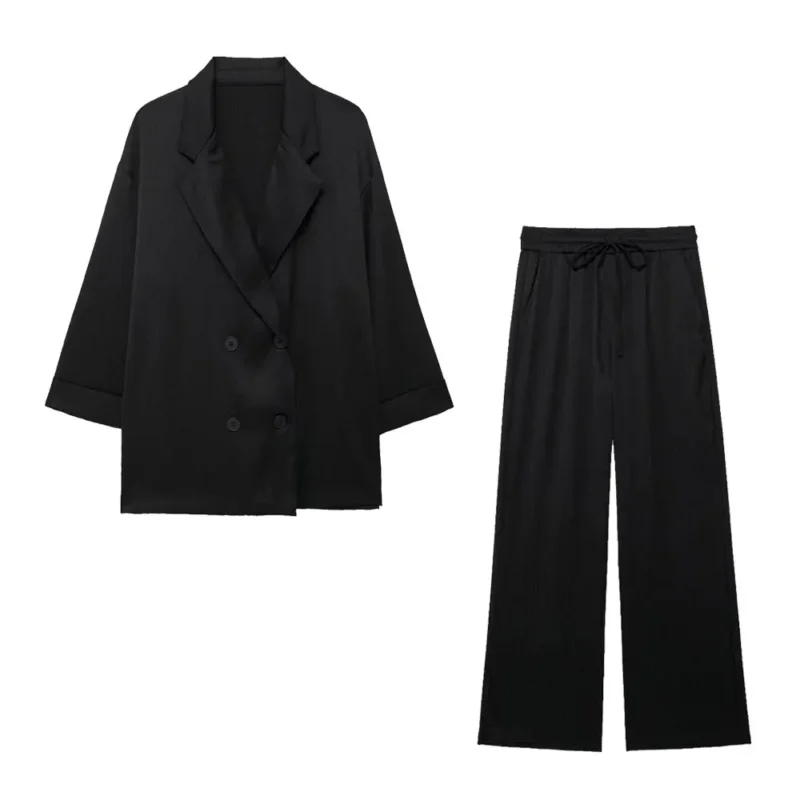 HH Women's Commuter Suit 2-piece Retro Wrinkle Effect Double-breasted Blazer + High-waisted Women's Casual Lace-up Trousers