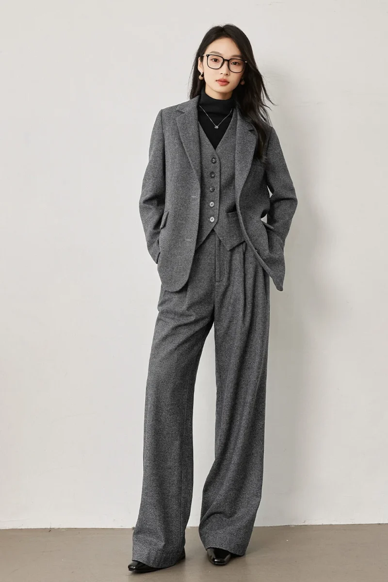 VIMLY Women's Simple 2025 Spring Business Blazer Versatile Suit V-Neck Short Jackets+Vest+Pants Commuter Elegant Pants 3pcs Set