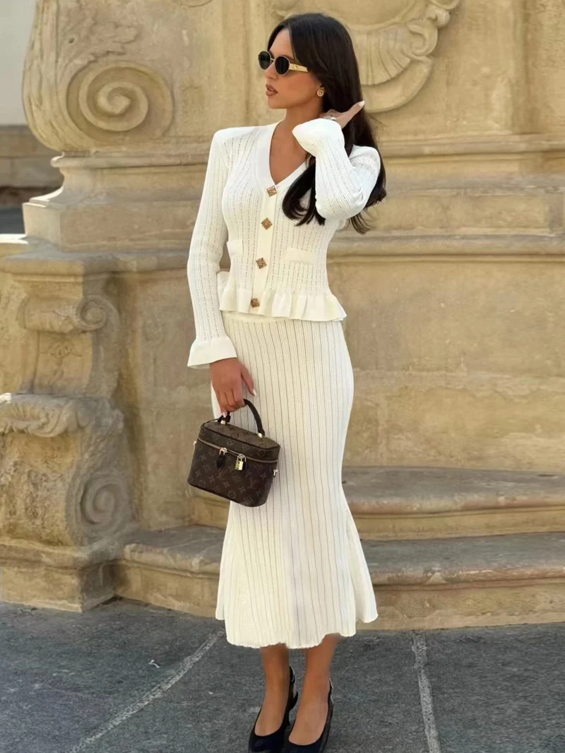 DGLUKE Knitted 2 Pieces Set For Woman Long Sleeve Top And Long Skirt Set 2 Piece Elegant Outfits Sweater Matching Sets