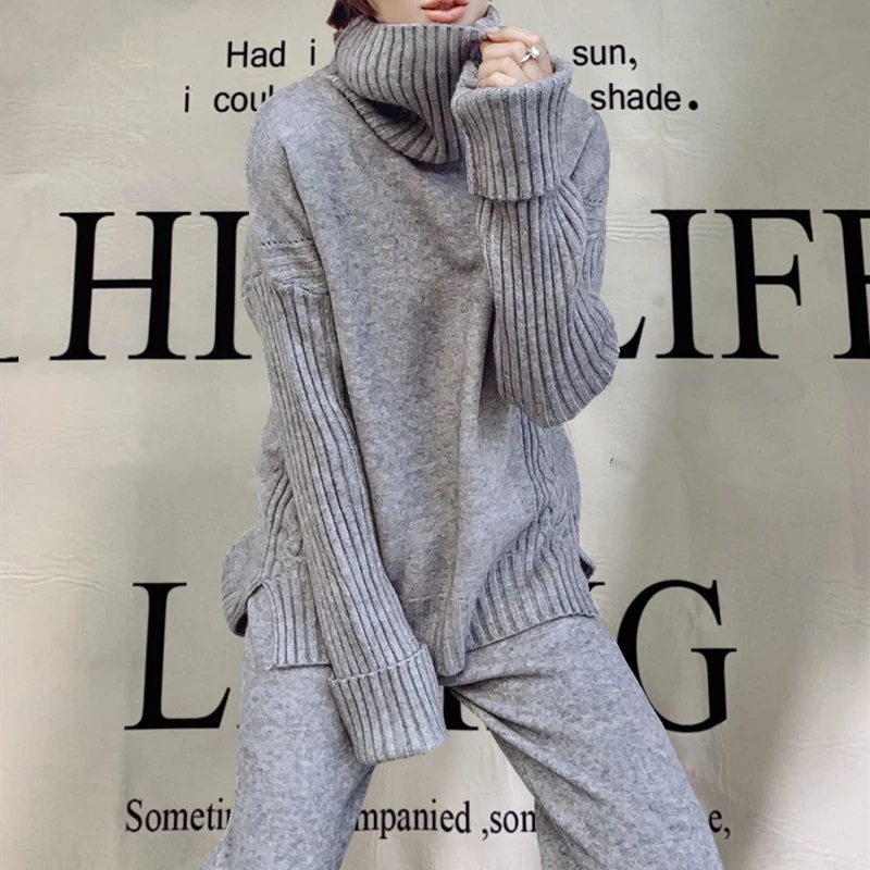 Autumn Winter 2 Pieces Women Sets Knitted Tracksuit 2025 New Turtleneck Sweater and Wide Leg Jogging Pant Pullover Suits