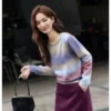 VIMLY Women's Autumn Two Piece Skirt Set 2025 Casual Ombre Purple Knit O-neck Tops Straight Long Skirts Elegant Skirt Suit A2539