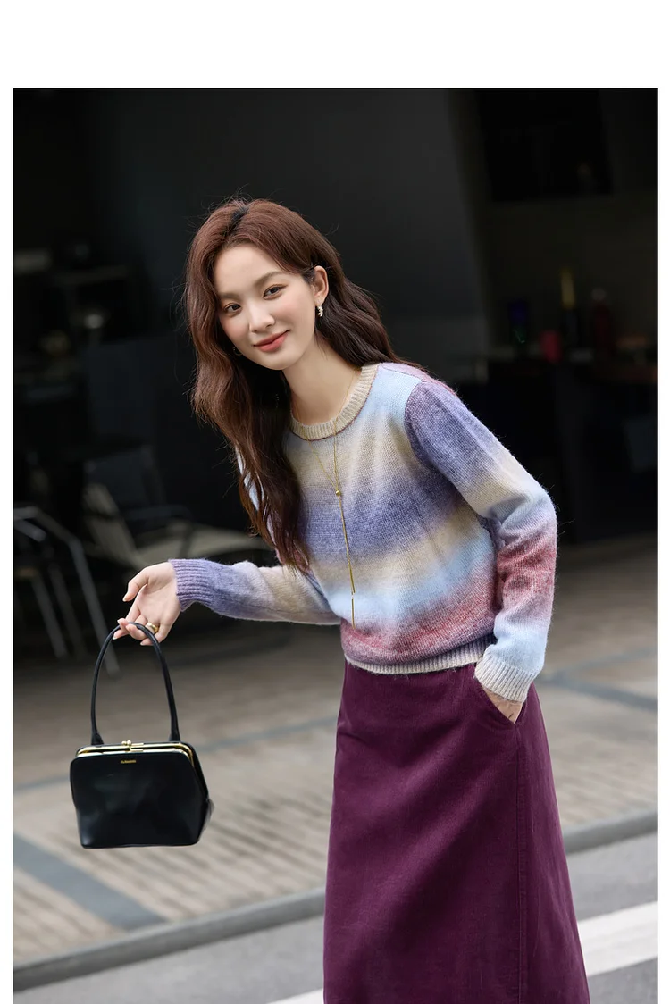 VIMLY Women's Autumn Two Piece Skirt Set 2025 Casual Ombre Purple Knit O-neck Tops Straight Long Skirts Elegant Skirt Suit A2539
