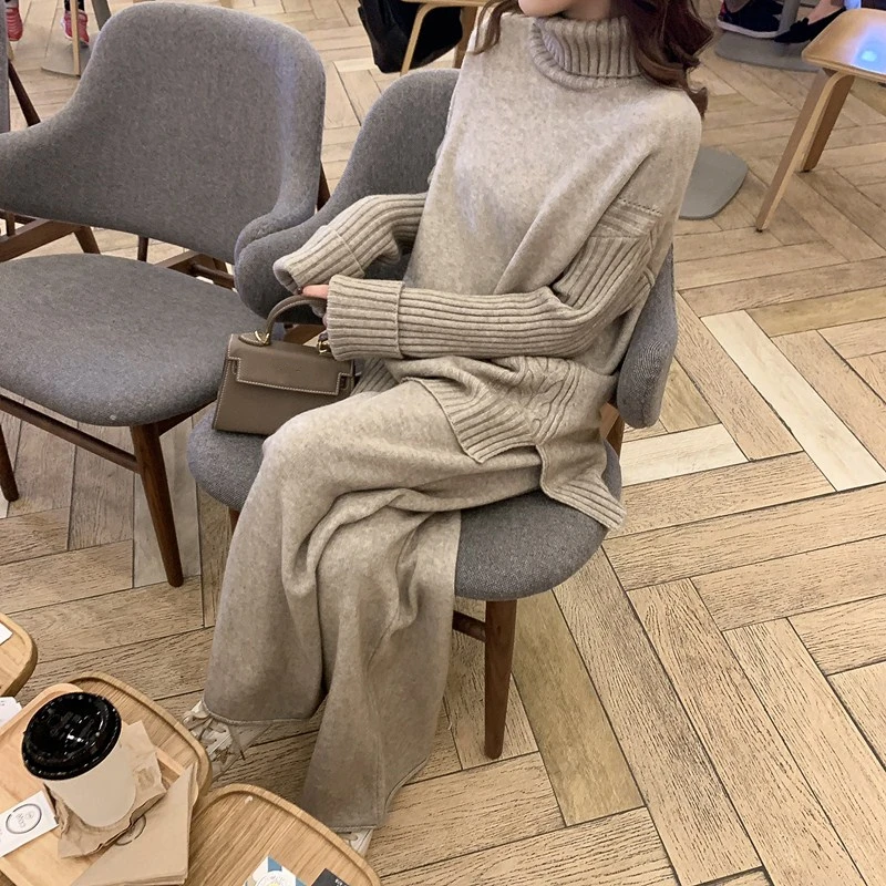 Autumn Winter 2 Pieces Women Sets Knitted Tracksuit 2025 New Turtleneck Sweater and Wide Leg Jogging Pant Pullover Suits