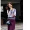 VIMLY Women's Autumn Two Piece Skirt Set 2025 Casual Ombre Purple Knit O-neck Tops Straight Long Skirts Elegant Skirt Suit A2539