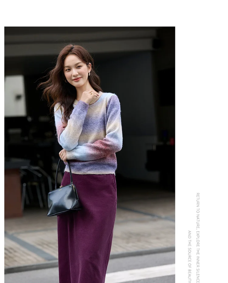 VIMLY Women's Autumn Two Piece Skirt Set 2025 Casual Ombre Purple Knit O-neck Tops Straight Long Skirts Elegant Skirt Suit A2539