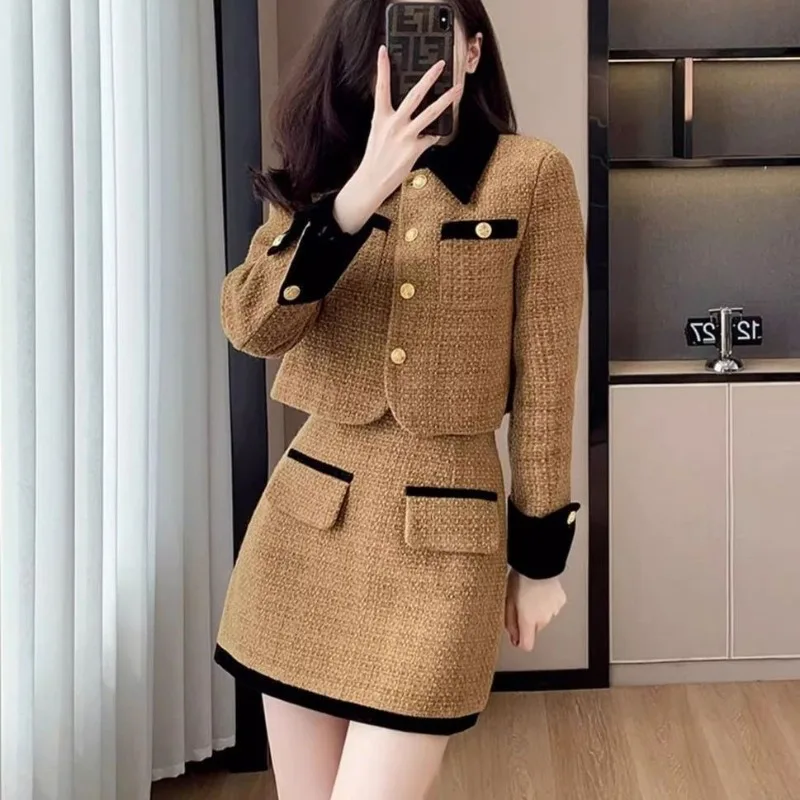 Winter French Elegant Vintage Two Piece Set Patchwork Red Blazer and Skirt Set Tweed Suit Korean Fashion Design Casual Outfits