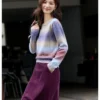 VIMLY Women's Autumn Two Piece Skirt Set 2025 Casual Ombre Purple Knit O-neck Tops Straight Long Skirts Elegant Skirt Suit A2539
