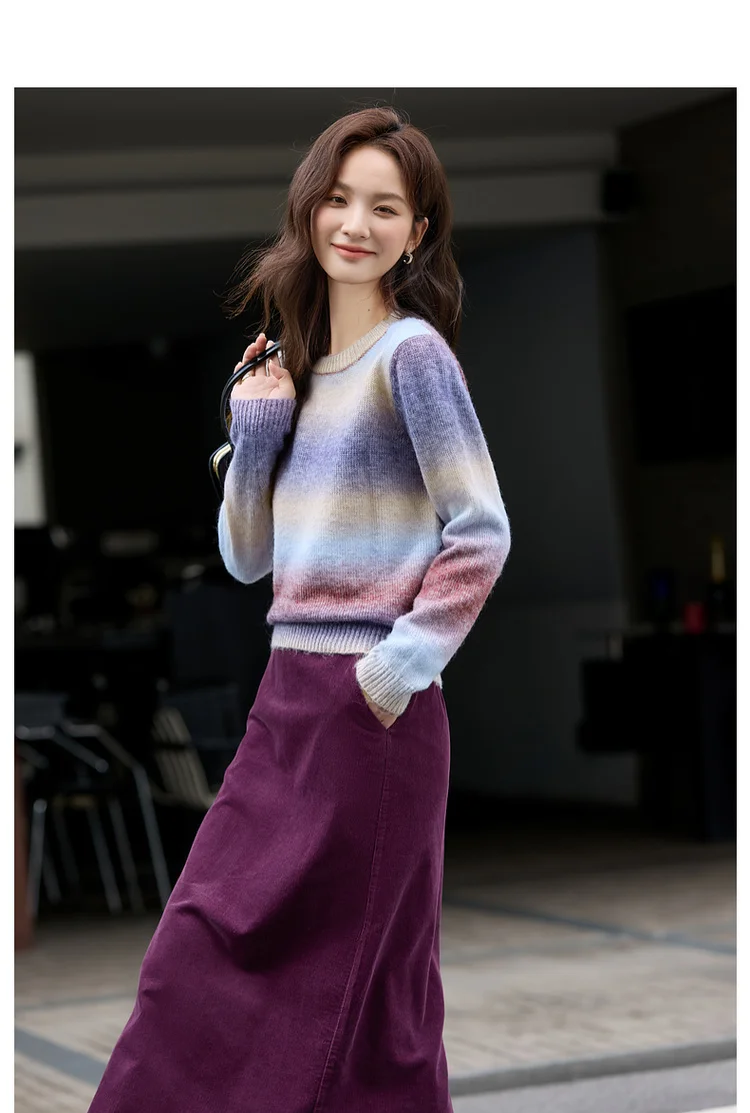 VIMLY Women's Autumn Two Piece Skirt Set 2025 Casual Ombre Purple Knit O-neck Tops Straight Long Skirts Elegant Skirt Suit A2539