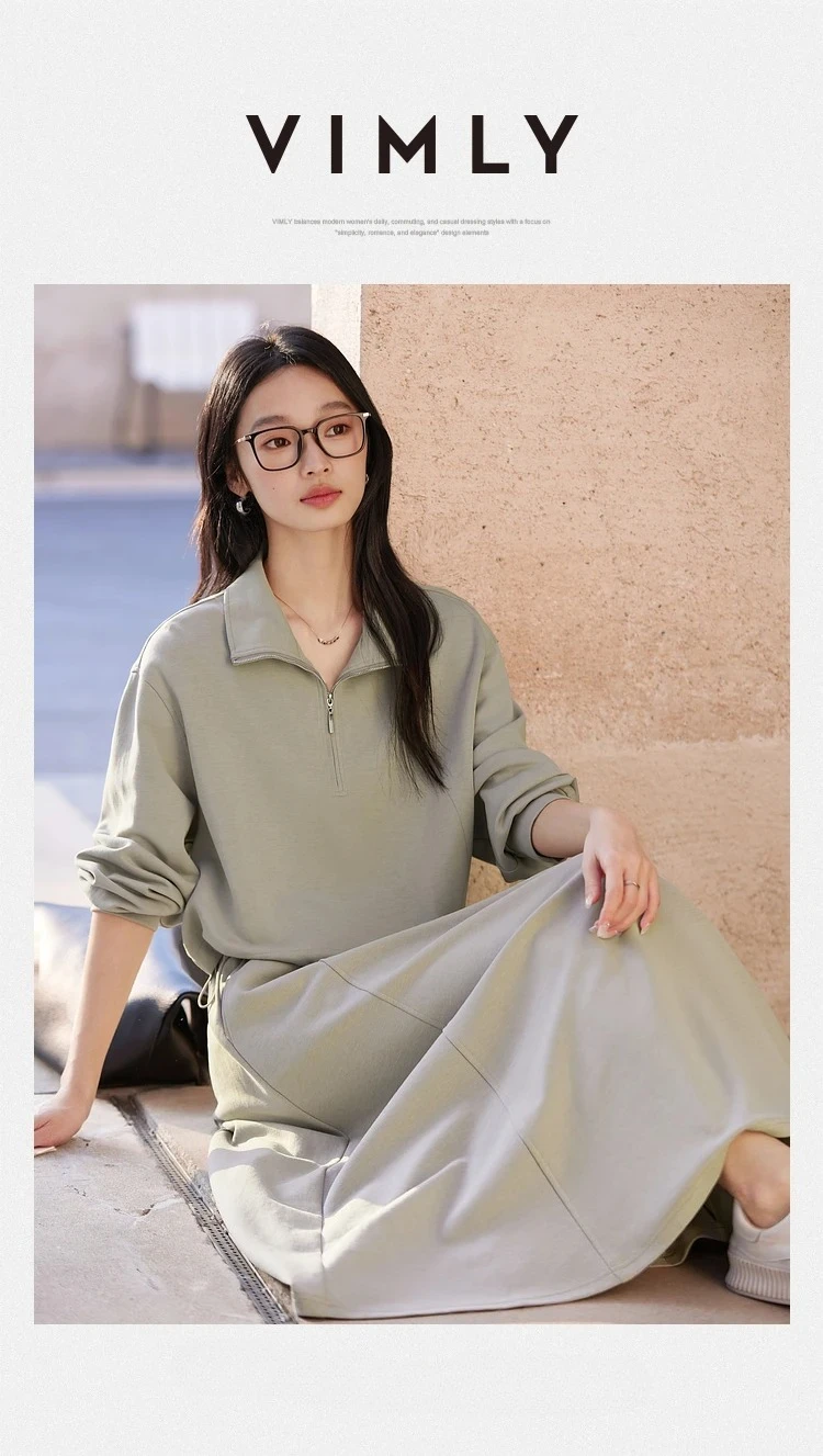 S9d6b3456d463494ea7a8cc4f3ba7a6feF.webp VIMLY 2 Piece Sweatshirt Skirt Set Woman Outfits 2026 Casual Cotton Blend Ladies Zipper Lapel Top Skirt Clothing Sets A0168
