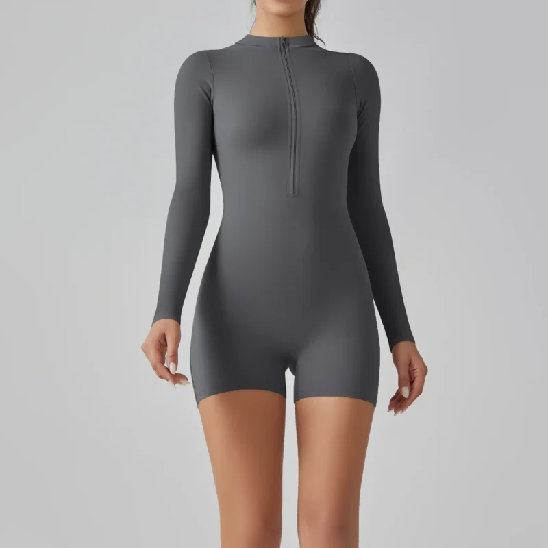 Zipper Tracksuit Set Women Yoga Jumpsuit Stand Collar Half Long Sleeved High Waist Butt Lift Fitness Sports Bodysuit Leggings