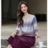 VIMLY Women's Autumn Two Piece Skirt Set 2025 Casual Ombre Purple Knit O-neck Tops Straight Long Skirts Elegant Skirt Suit A2539