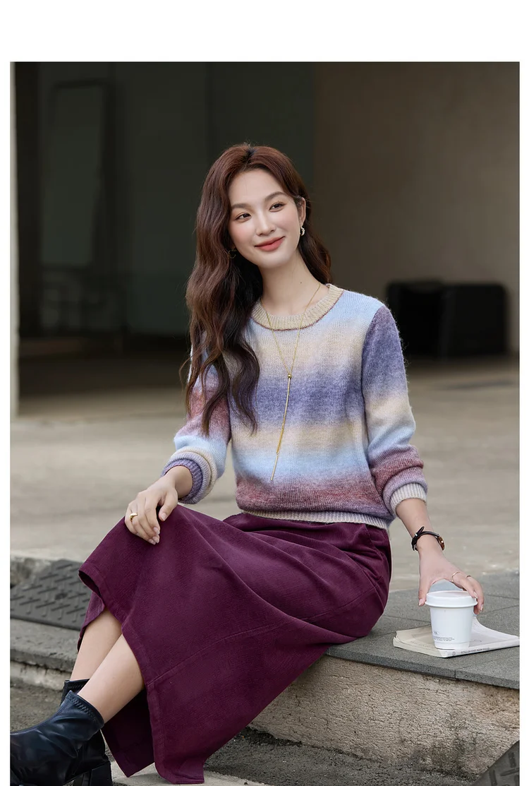 VIMLY Women's Autumn Two Piece Skirt Set 2025 Casual Ombre Purple Knit O-neck Tops Straight Long Skirts Elegant Skirt Suit A2539