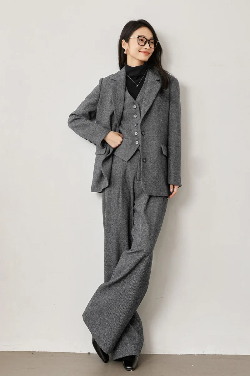 VIMLY Women's Simple 2025 Spring Business Blazer Versatile Suit V-Neck Short Jackets+Vest+Pants Commuter Elegant Pants 3pcs Set