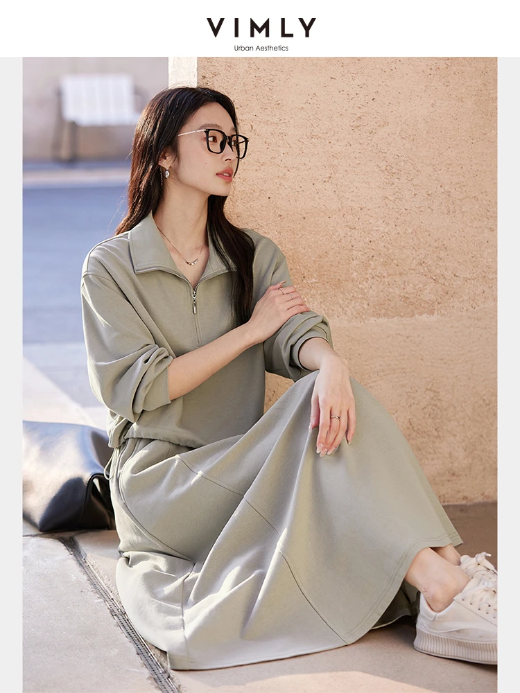 Sa585650aa8da42caa3476468c061e0dbG.webp VIMLY 2 Piece Sweatshirt Skirt Set Woman Outfits 2026 Casual Cotton Blend Ladies Zipper Lapel Top Skirt Clothing Sets A0168