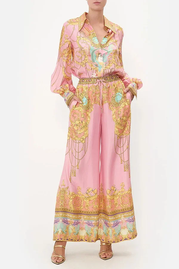 Sa94174977631467bb2876de9f167c077Q.webp CHICEVER Casual Vacation Two Piece Set for Women Laple Long Sleeve Pink Printed Shirt High Waist Trousers Suit Female Autumn New