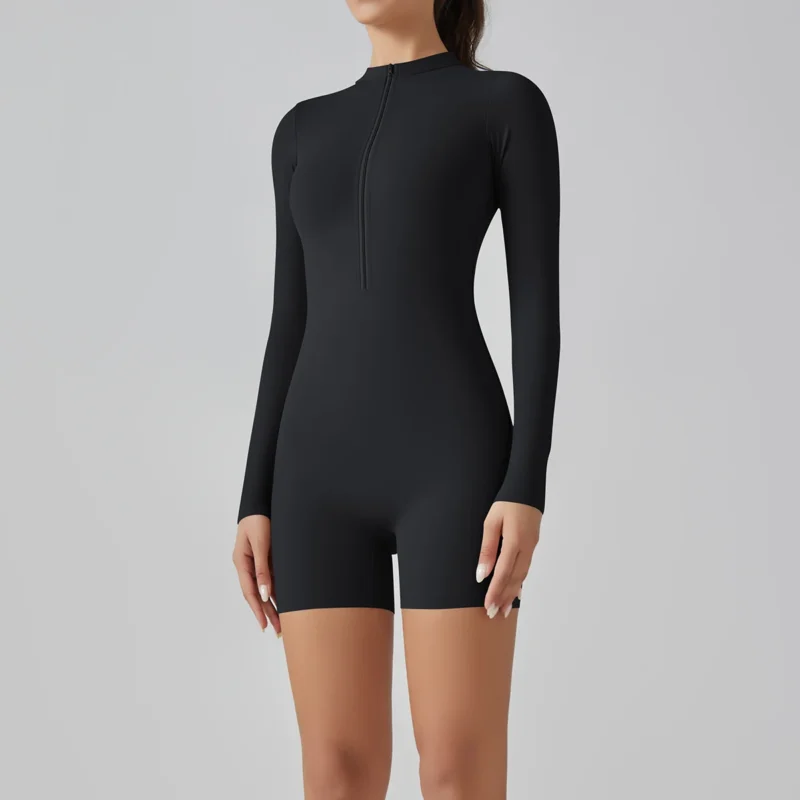 Zipper Tracksuit Set Women Yoga Jumpsuit Stand Collar Half Long Sleeved High Waist Butt Lift Fitness Sports Bodysuit Leggings