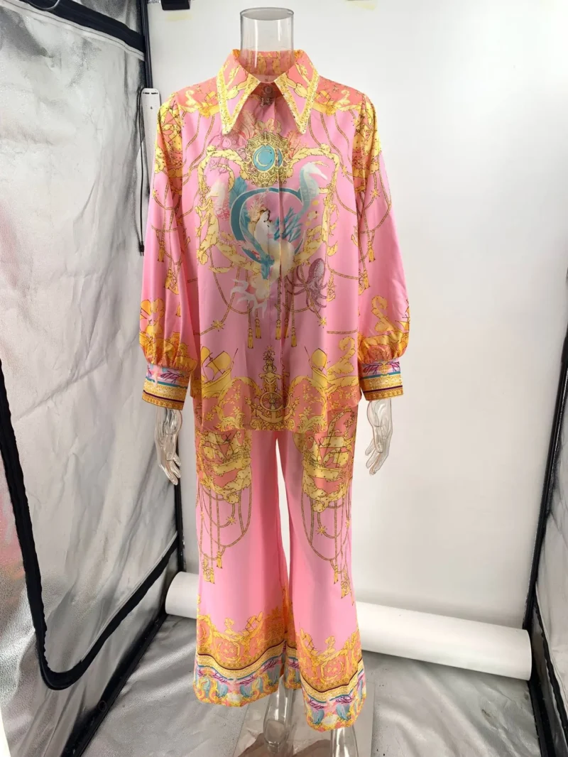 Sae2c3b18962b4f06b369a566baaa7aa5W.webp CHICEVER Casual Vacation Two Piece Set for Women Laple Long Sleeve Pink Printed Shirt High Waist Trousers Suit Female Autumn New