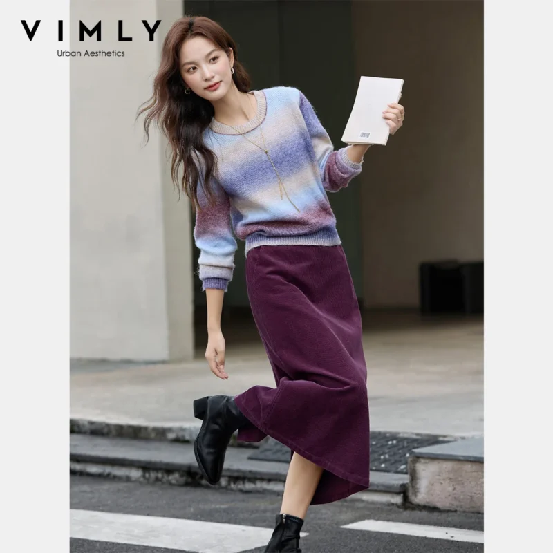 VIMLY Women's Autumn Two Piece Skirt Set 2025 Casual Ombre Purple Knit O-neck Tops Straight Long Skirts Elegant Skirt Suit A2539