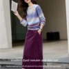 VIMLY Women's Autumn Two Piece Skirt Set 2025 Casual Ombre Purple Knit O-neck Tops Straight Long Skirts Elegant Skirt Suit A2539