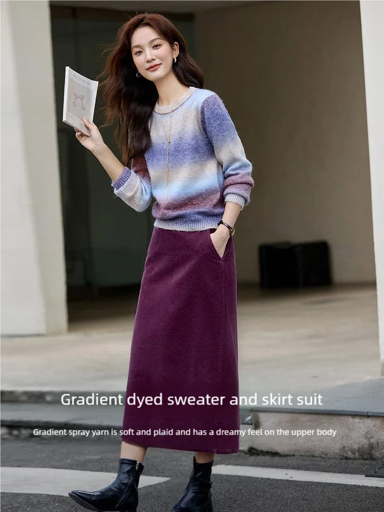 VIMLY Women's Autumn Two Piece Skirt Set 2025 Casual Ombre Purple Knit O-neck Tops Straight Long Skirts Elegant Skirt Suit A2539