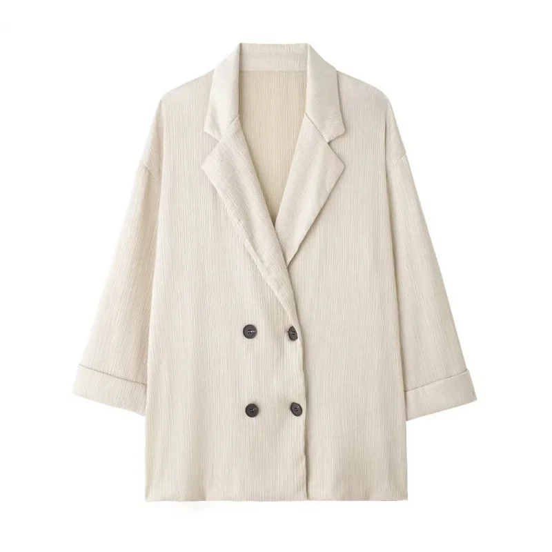 HH Women's Commuter Suit 2-piece Retro Wrinkle Effect Double-breasted Blazer + High-waisted Women's Casual Lace-up Trousers