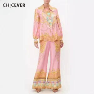 Sb9e2edbb91a24b879fe4fe43c76192b3D.webp CHICEVER Casual Vacation Two Piece Set for Women Laple Long Sleeve Pink Printed Shirt High Waist Trousers Suit Female Autumn New