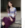 VIMLY Women's Autumn Two Piece Skirt Set 2025 Casual Ombre Purple Knit O-neck Tops Straight Long Skirts Elegant Skirt Suit A2539