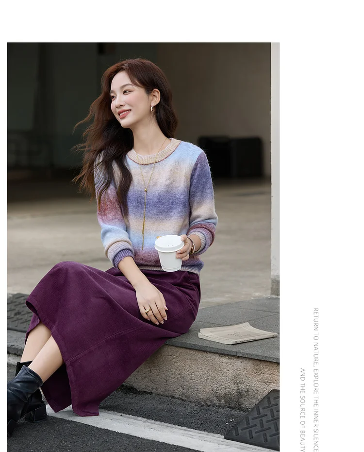 VIMLY Women's Autumn Two Piece Skirt Set 2025 Casual Ombre Purple Knit O-neck Tops Straight Long Skirts Elegant Skirt Suit A2539