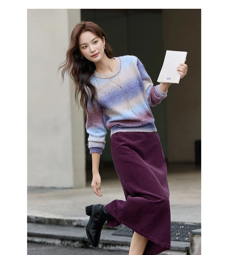 VIMLY Women's Autumn Two Piece Skirt Set 2025 Casual Ombre Purple Knit O-neck Tops Straight Long Skirts Elegant Skirt Suit A2539