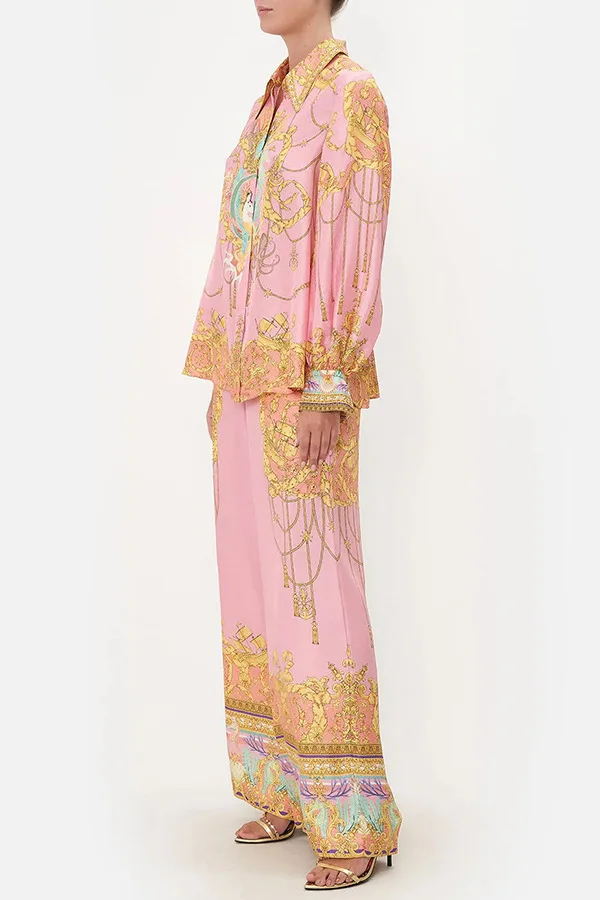 Sd1397c60188b40d38d3a2e6b82cef51el.webp CHICEVER Casual Vacation Two Piece Set for Women Laple Long Sleeve Pink Printed Shirt High Waist Trousers Suit Female Autumn New