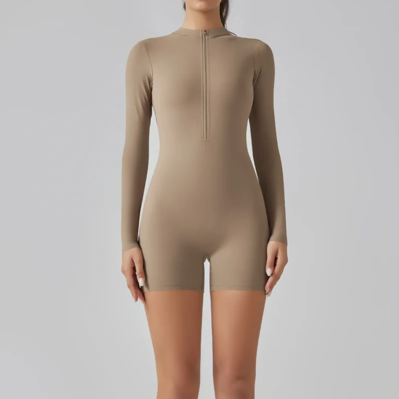 Zipper Tracksuit Set Women Yoga Jumpsuit Stand Collar Half Long Sleeved High Waist Butt Lift Fitness Sports Bodysuit Leggings