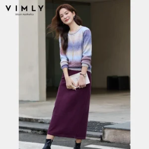 Sd71f7982fe0f4f2ebfa0590ddd551105e.webp VIMLY Women's Autumn Two Piece Skirt Set 2025 Casual Ombre Purple Knit O-neck Tops Straight Long Skirts Elegant Skirt Suit A2539