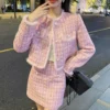 Winter Korean Fashion Women's Two Pieces Set Pink French Elegant Retro Office Lady Slimming Tweed Suit Set Blazer and Skirt Set
