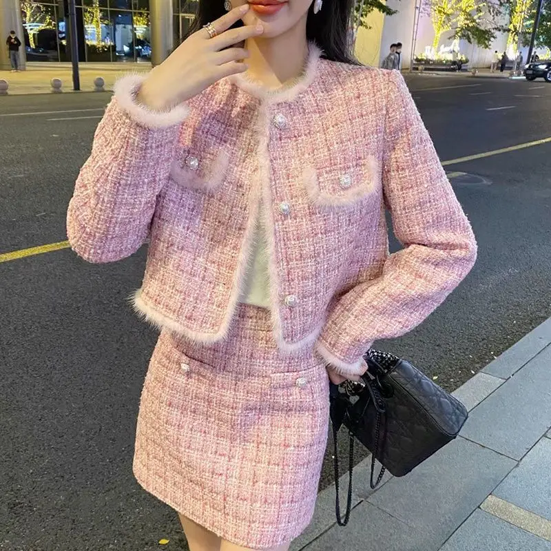 Winter Korean Fashion Women's Two Pieces Set Pink French Elegant Retro Office Lady Slimming Tweed Suit Set Blazer and Skirt Set