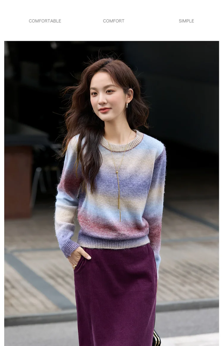 VIMLY Women's Autumn Two Piece Skirt Set 2025 Casual Ombre Purple Knit O-neck Tops Straight Long Skirts Elegant Skirt Suit A2539