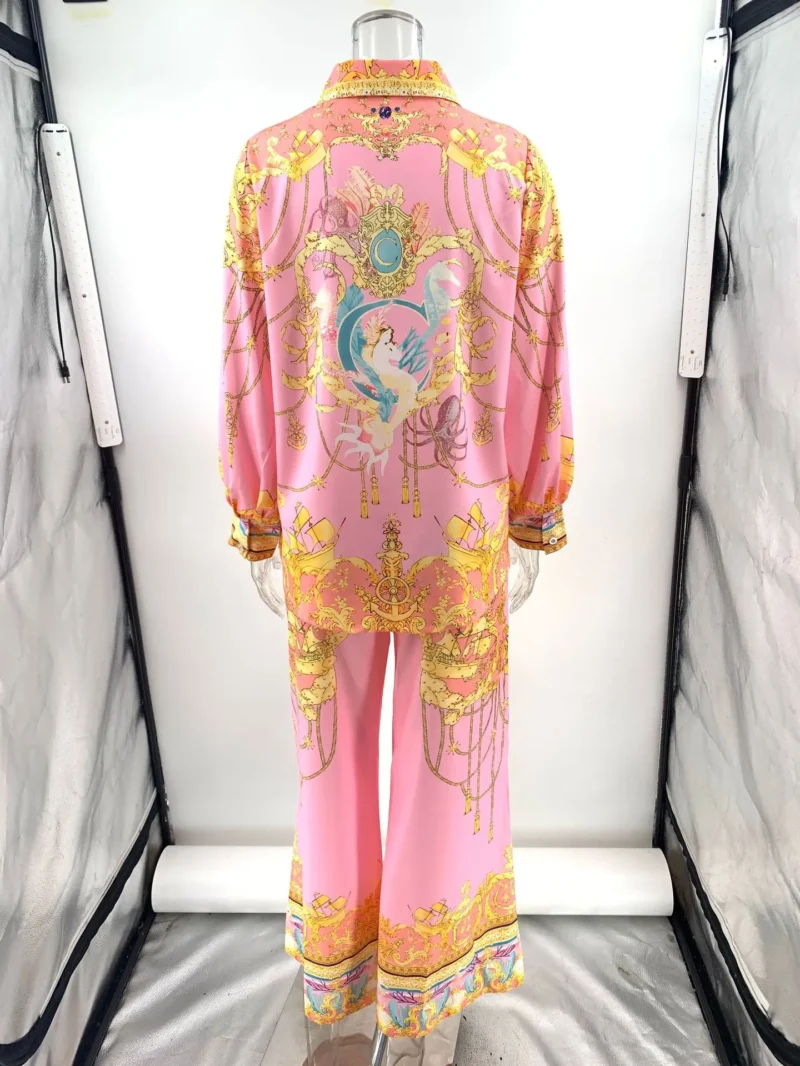 Se1629f95772b45a9869e45e0215ab724X.webp CHICEVER Casual Vacation Two Piece Set for Women Laple Long Sleeve Pink Printed Shirt High Waist Trousers Suit Female Autumn New