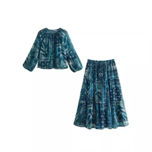 Women Long Skirt Set Casual Long Sleeve Print Shirts + High Waist Slim Ankle-Length Skirts Set