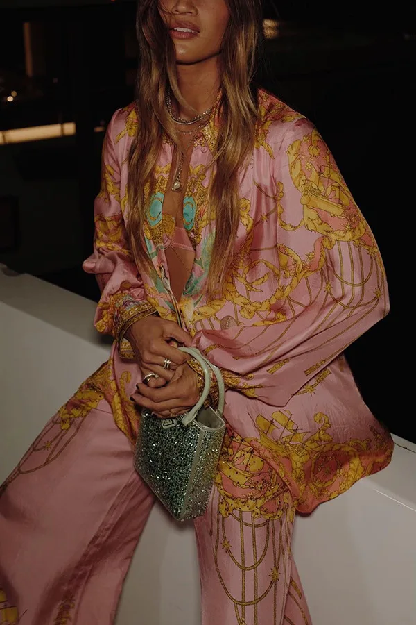 Sf658df0f95574c75ba7cfe32d29a2294B.webp CHICEVER Casual Vacation Two Piece Set for Women Laple Long Sleeve Pink Printed Shirt High Waist Trousers Suit Female Autumn New