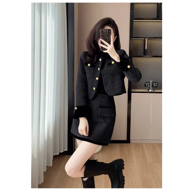 Winter French Elegant Vintage Two Piece Set Patchwork Red Blazer and Skirt Set Tweed Suit Korean Fashion Design Casual Outfits