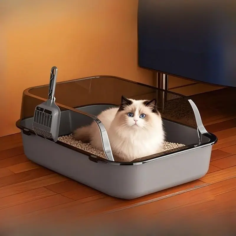 Semi-Enclosed Cat Litter Box – High-Sided Splashproof Pet Toilet Tray