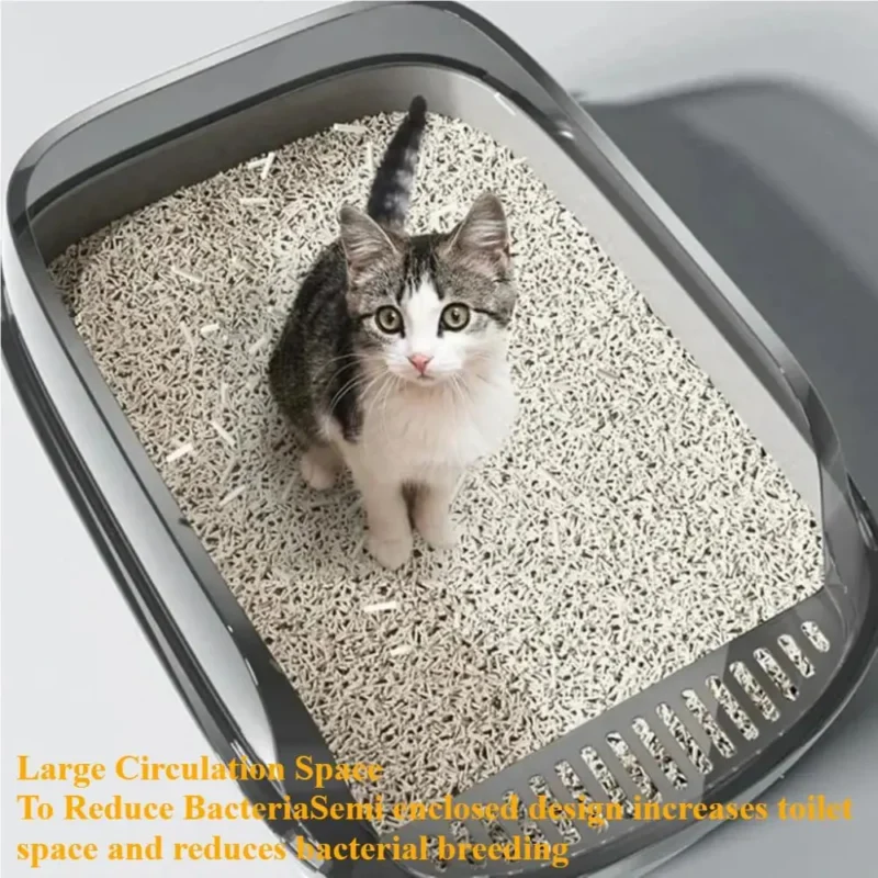 Semi-Enclosed Cat Litter Box – High-Sided Splashproof Pet Toilet Tray