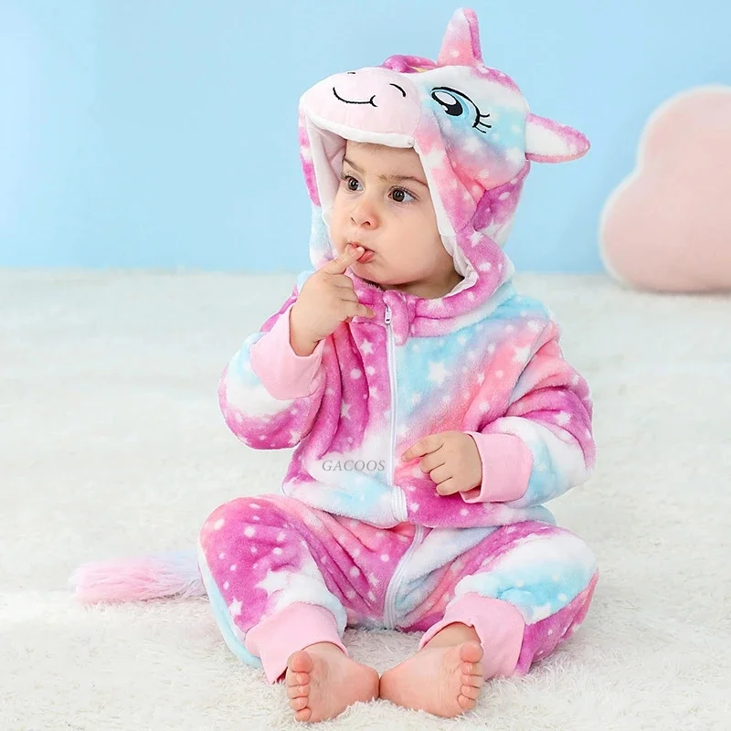 Cartoon Flannel Baby Rompers Unicorn Rabbit Dinosaur Pajamas Cotton Baby Boy Girls Animal Costume Baby Jumpsuit Kigurumi Outfits